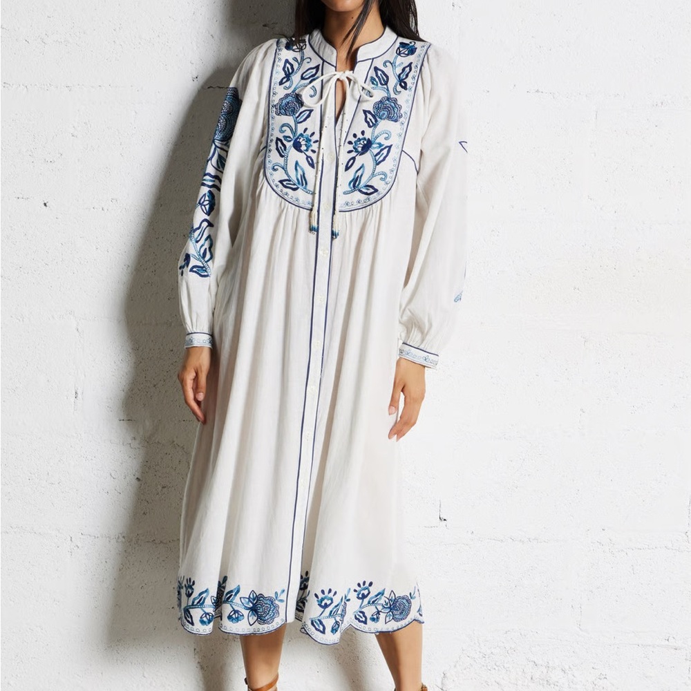 M.A.B.E. Embroidered White Maxi Dress with Blue Floral Accents